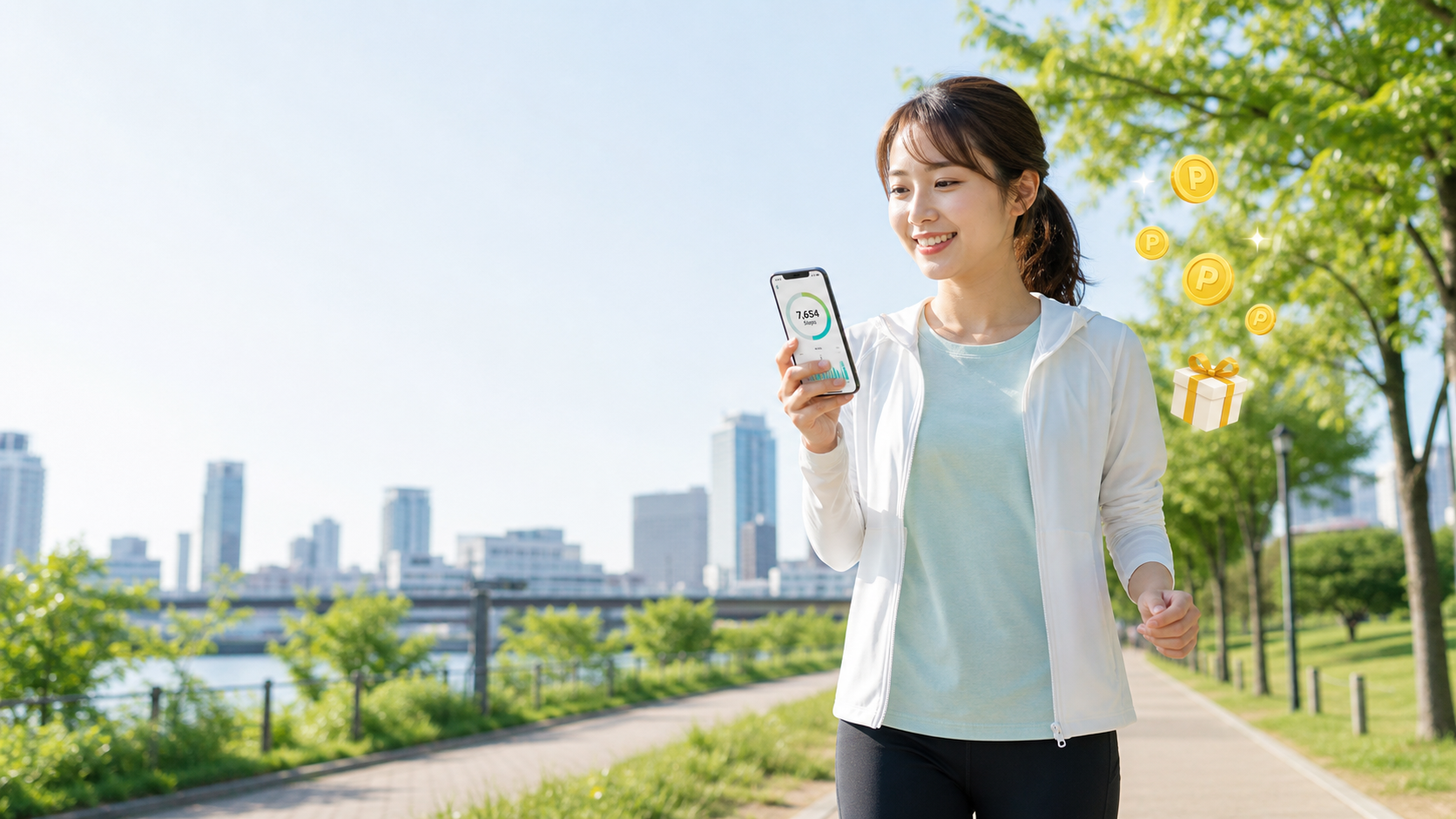 歩いてポイ活アプリを使いながらウォーキングする女性